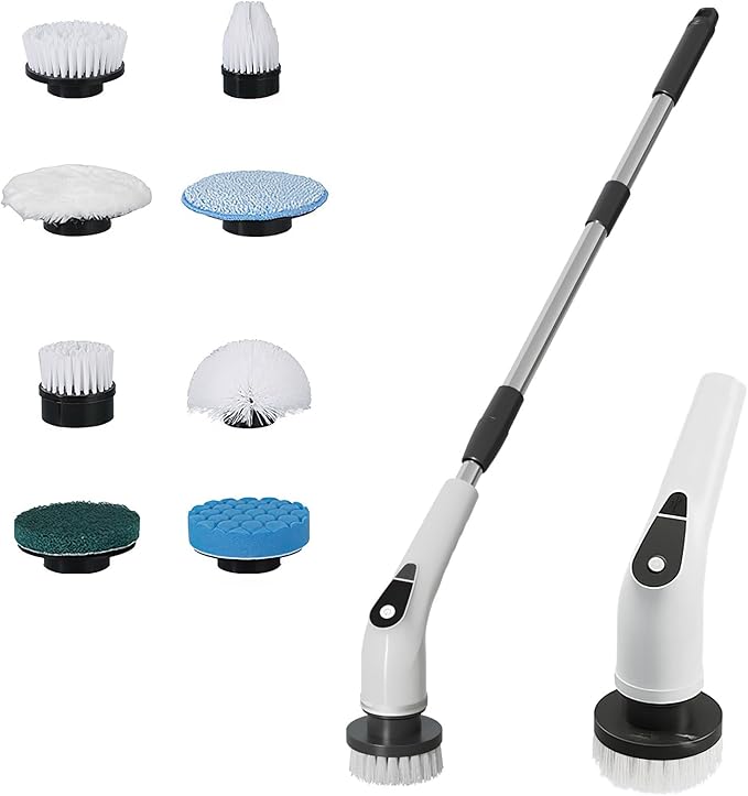 HomeBeyond Electric Spin Scrubber, 5-Speed Power Spin Cleaner with 8 Replaceable Brush Heads, IPX7 Waterproof, Adjustable Extension Handle, Large Battery for Bathroom, Shower, Tile, and Floor Cleaning