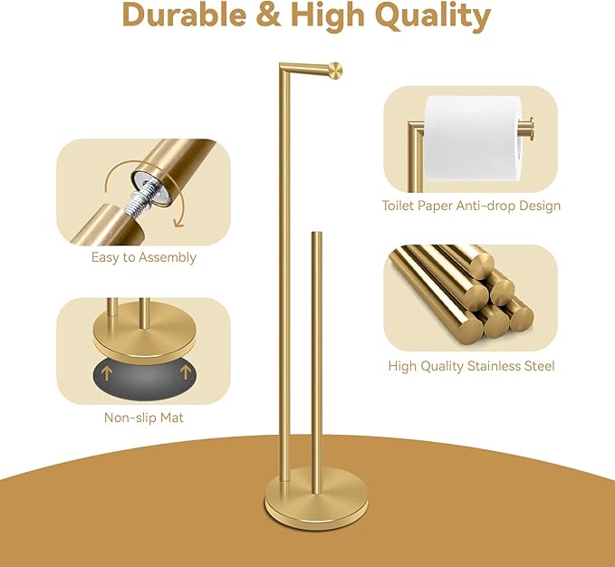 RRM Toilet Paper Holder Stand, Bathroom Free Standing Toilet Paper Holder with Reserve Storage 3-4 Toilet Paper Rolls, Double Rod 26.4-inch Stainless Steel Toilet Paper Storage (Golden)