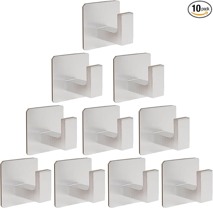 Bath Towel Hooks,10 Pack Self Adhesive Square Coat Hooks, Sturdy No Drilling Robe Hook, Heavy Duty Aluminum Clothes Hanger, Wall Hooks for Bathroom Bedroom Kitchen (2 in, Silver)