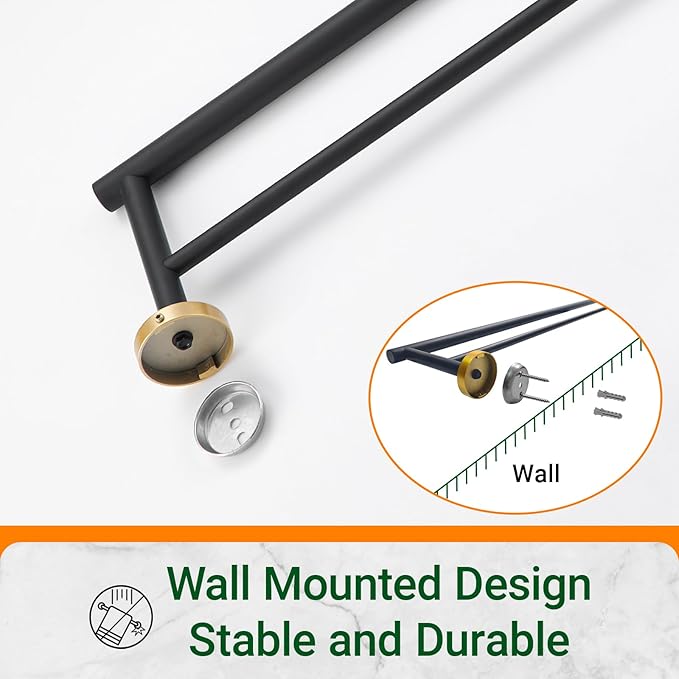 Miyili Bathroom Double Towel Bar 36-Inch Stainless Steel Bath Hand Towel Rack Wall Mount Black & Gold, A01BG90B