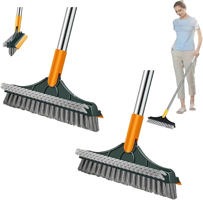 Bloame Cleaning Brush, 3 in 1 Floor Scrub Brush with Squeegee, 180° Rotating Long Handle Grout Crevice Brush, Heavy-Duty Soft Scraper for Cleaning Bathroom, Glass, Kitchen & Patio (2pcs Green)