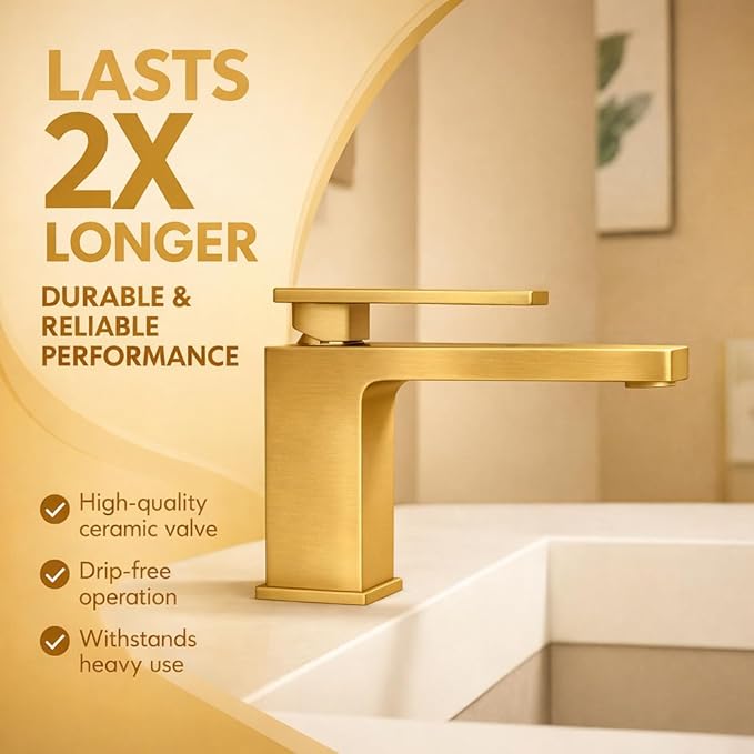 Single Hole Bathroom Faucet， Brushed Gold Brass Faucet for Bathroom Sink, CUPC Hose, Pop-Up Drain & Anti-Splash Bubbler， Easy-Install for Farmhouse, RV & Vanity