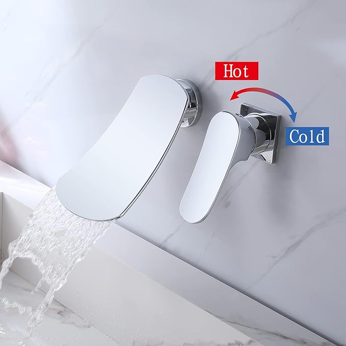 Wall Mounted Waterfall Bathroom Sink Faucet Single Handle Lavatory Sink Faucets 2 Holes Vanity Faucets Waterfall Basin Mixer Tap, Chrome