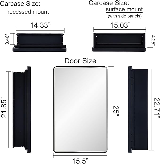 Lighted Bathroom Medicine Cabinet with Round Corner Framed Mirror Door 15 x 25 inch, Right Hand Opening, Recessed or Surface Mount, with Adjustable Glass Shelves Shelves