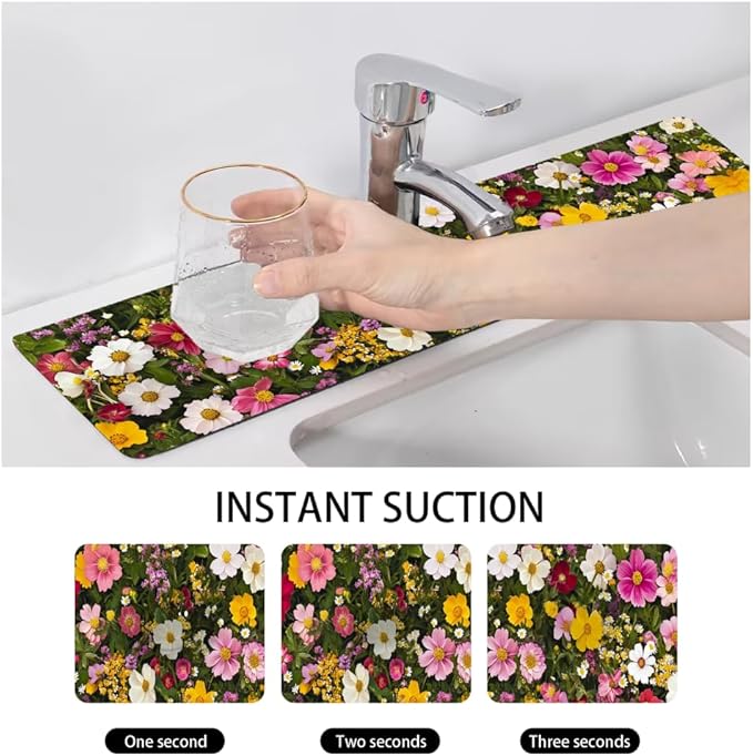 Bimkole 1 PCS Faucet Absorbent Mat, Kitchen Faucet Sink Splash Guard Wraparound Cloth Pads Drip Catcher for Sink Faucet for Kitchen Bathroom Faucet, Colorful Faucet Mat, 15 x 4 Inch Flower A8