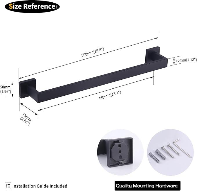 GERZWY SUS 304 Stainless Steel 20-Inch Bath Towel Bar Modern Style Bathroom Towel Bar Wall Mount Matte Black FG160150-BK