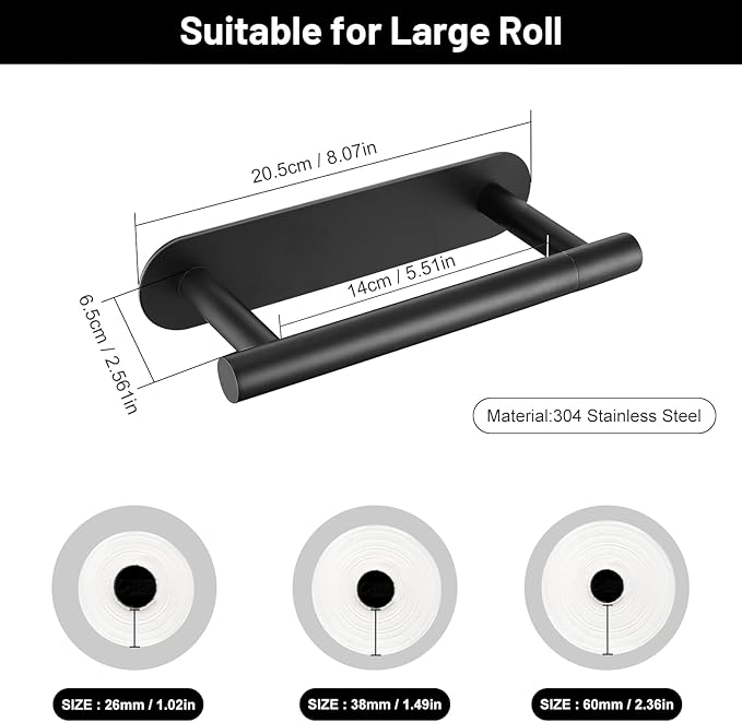 2 Pieces Self Adhesive Matte Black Toilet Paper Holder, Commercial Toilet Paper Dispenser Toilet Roll Holder, Double Base Paper Towel Holder Wall Mount No Drilling for Bathroom, Kitchen
