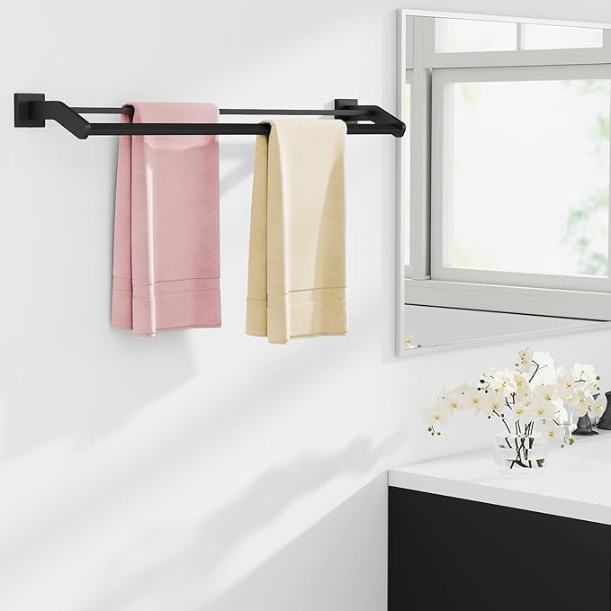 Double Towel Bar 32 Inch, Heavy Duty Stainless Steel Double Towel Racks for Bathroom Wall Mounted, Space Saving Bathroom Towel Holder Rod, Matte Black