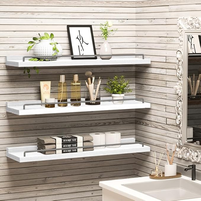 22 inches Long Floating Shelves, Bathroom Decor Shelves Over Toilet, Farmhouse Wall Shelves for Living Room, Bedroom, Picture Frames, Plants, Kitchen, Set of 3 (White and Grey)