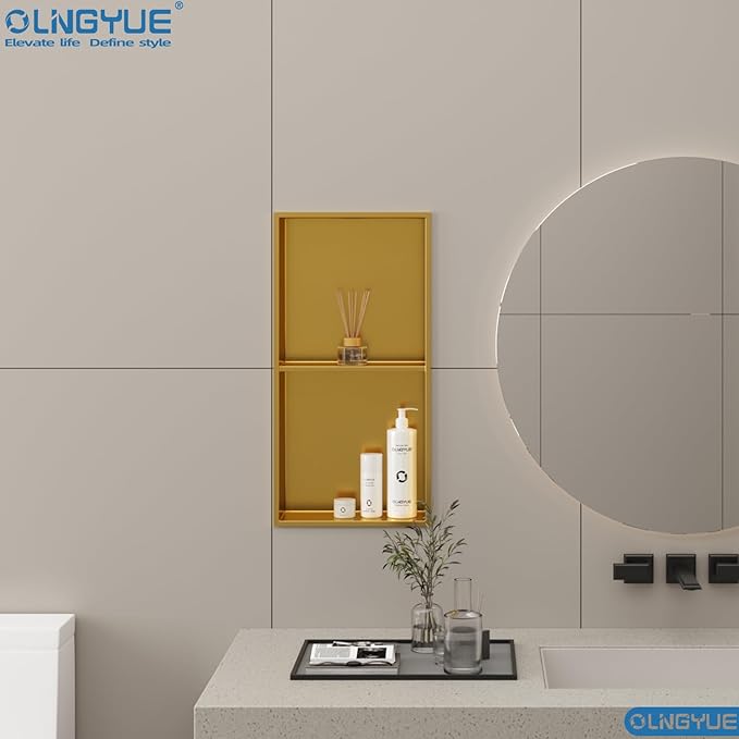 Shower Niche No Tile Needed: Stainless Steel Double Layer - 12"x24" Recessed Wall Niches Shelves for Bathroom Kitchen Toilet Storage - Brushed Gold