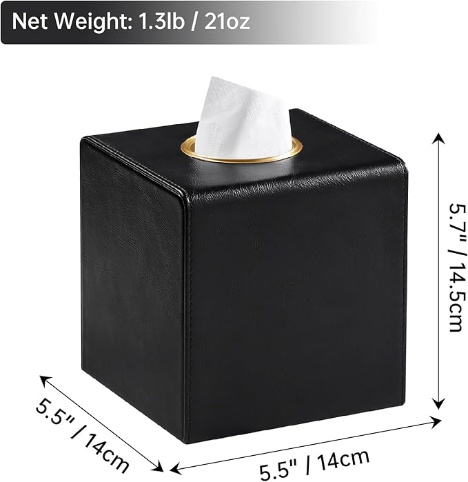 Square Tissue Box Cover, Luxury PU Leather Tissue Holder with Magnetic Closure (Black)