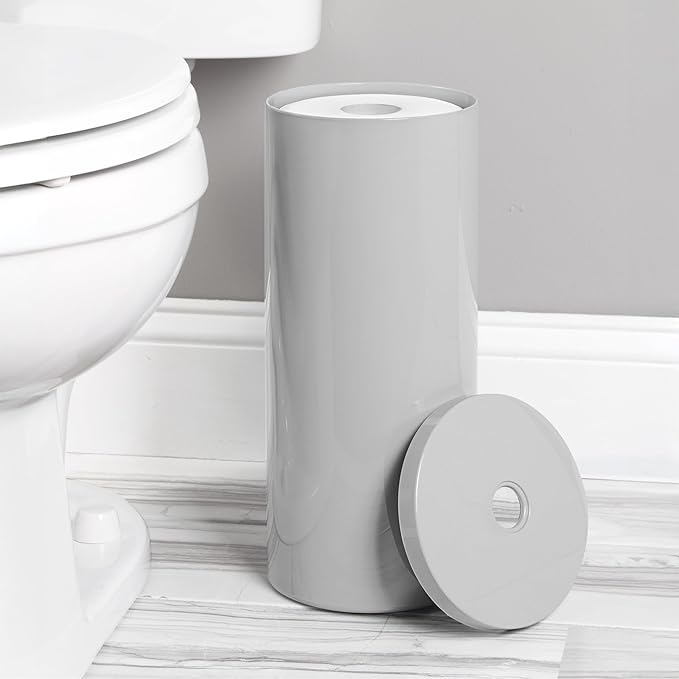 iDesign Freestanding Toilet Paper Canister with Lid for 3 Extra Rolls, Gray, Made in USA