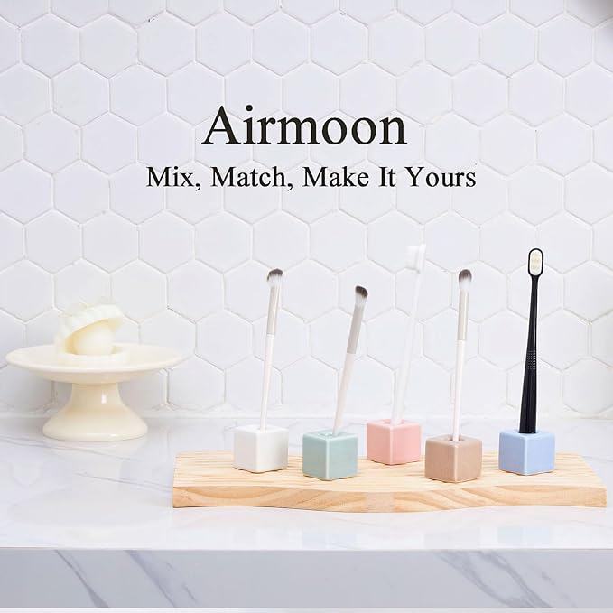 AirMoon Mini Square Ceramic Toothbrush Holder for Bathroom - Blue Small Countertop Organizer, Easy Clean Toothbrush Stand, Suit for Electric Toothbrush Head, Pens & Coffee Spoon