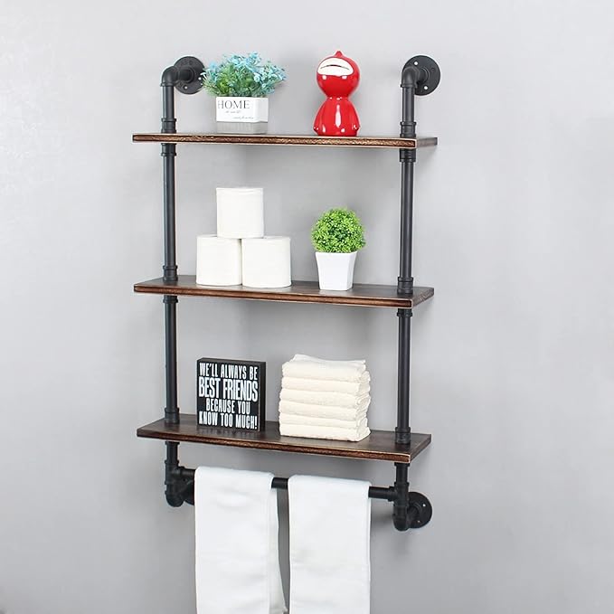 MBQQ Iron Pipe Shelves Industrial Bathroom Shelves with Towel bar,24in Rustic Metal Pipe Floating Shelves Pipe Wall Shelf,3 Tier Industrial Shelf Wall Mounted,Retro Black