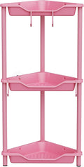 Orimade Rustproof 3 Tier Floor Standing Corner Shower Caddy Organizer, Plastic Metal Splicing Floor Corner Shelf Rack Stands for Bathroom, Pink