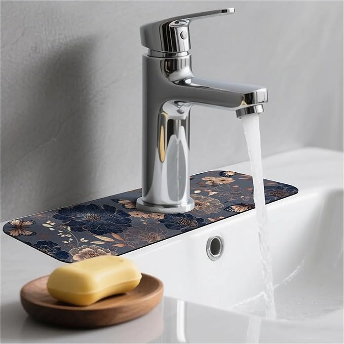 Kitchen Sink Splash Guard，Graceful butterfly flowers Faucet Mat Sink Gadgets-Super Absorbent Fast Drying Mat Drip Catcher for Kitchen, Bathroom,Sink Mat, Dish Drying Mat, Bathroom(15" X 5.5" )
