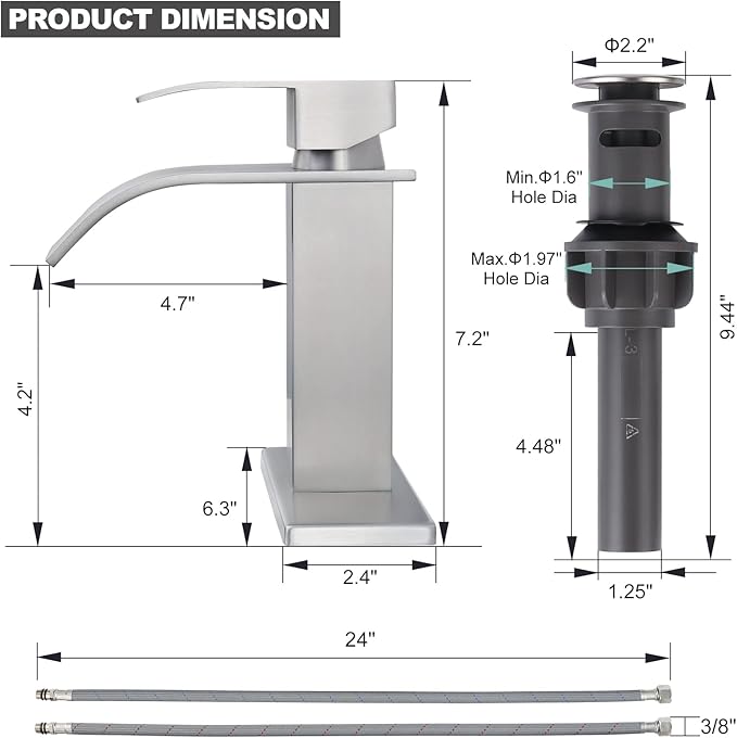 Waterfall Bathroom Faucet Brushed Nickel: ARCORA Single Hole Bathroom Sink Faucet Mixer Tap with Supply Lines and Pop Up Drain