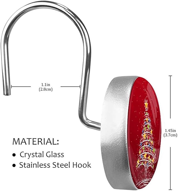 Christmas Tree Shower Curtain Hooks 12 Pcs, Rust Proof Glass Surface Stainless Steel Curtain Rings for Bathroom Bedroom Living Room Kitchen Home Shower Rods Decor
