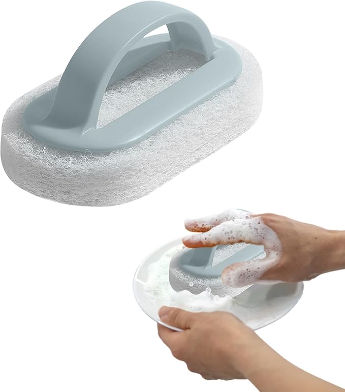 4 Pack Handled Scrubber, Scrub Brush Strong Scouring, Reusable Cleaning Sponge with Handle for Shower Tile, Bathtube, Sink (Blue)