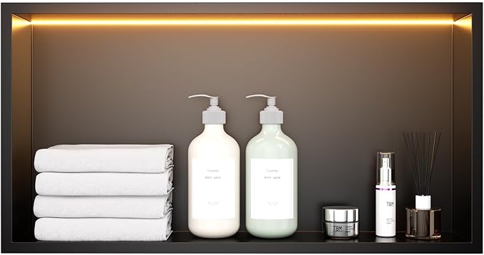 Stainless Steel 12"x24" LED Lights Shower Niche - No Tile Needed Recessed Wall Niche Waterproof for Walk in Shower Bathroom Storage, Matte Black