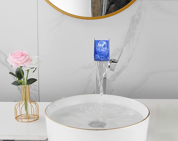 Chrome Bathroom Faucet LED 3 Color Changing Light Waterfall Vessel Sink Faucets Single Handle One Hole Bowl Sink Faucet Vanity Lavatory Deck Mount Bath Mixer Tap Tall Body Modern with Supply Lines