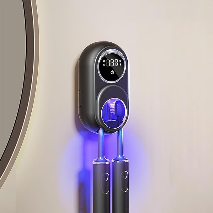 Wall Mounted Toothbrush Holder with Auto-Inductive Cover,Clean, Dry,LED Smart Screen,Electric Toothbrush Holder with 2 Toothbrush Slots for Home, Travel,Toothbrush Holders for Bathrooms (Black)