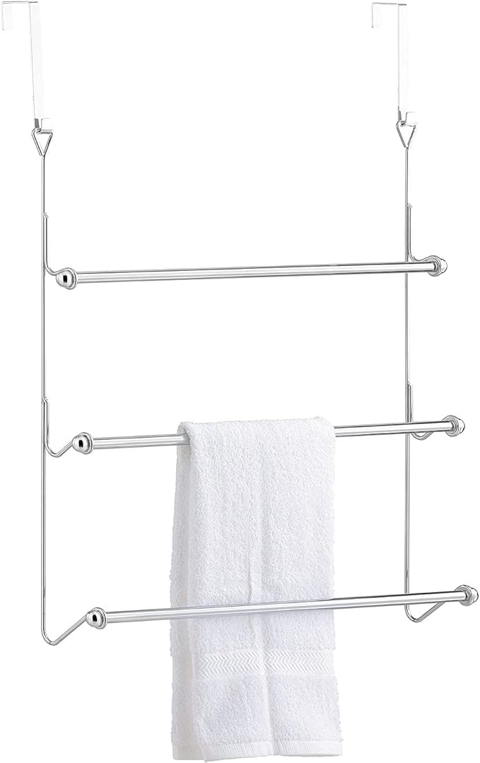 MyGift Chrome-Plated 3-Tier Over The Door Towel Rack - Bathroom Door Towel Holder, Over Shower Door Drying Rack for Towels & Laundry