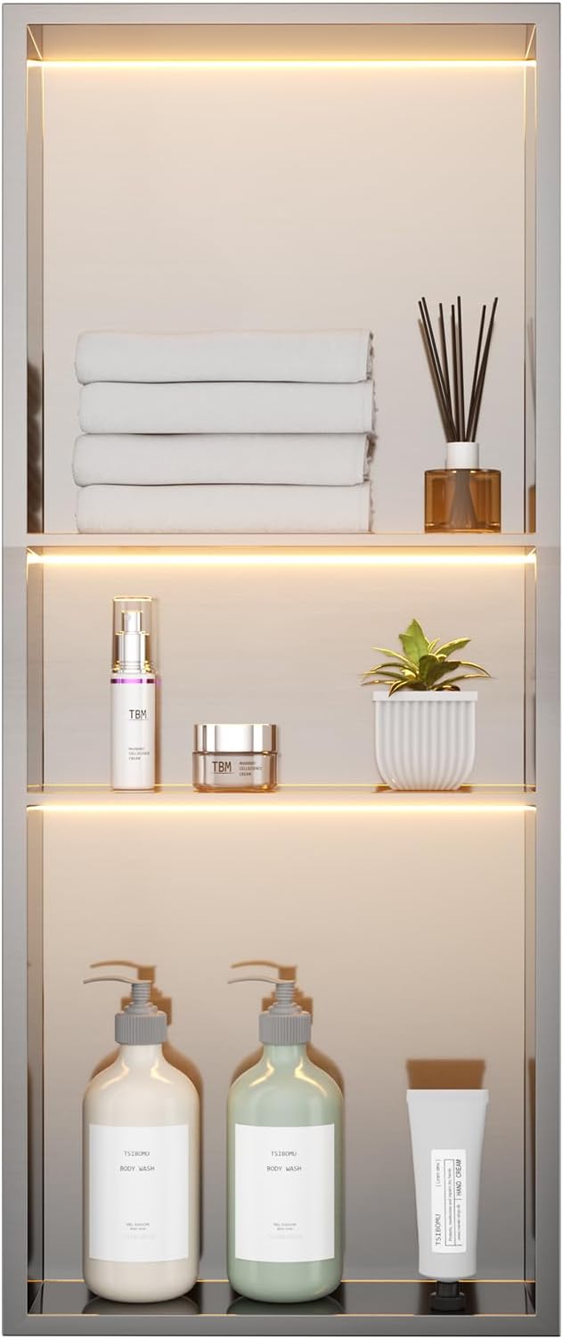 Stainless Steel LED Lights Shower Niche 12" x 30" – Recessed Wall Niche with 3-Tier Storage, Waterproof & Rustproof Modern Bathroom Shower Shelf (Brushed)