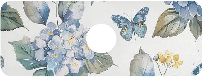 Blue Hydrangea Butterfly Kitchen Sink Splash Guard Faucet Mat Diatomite Absorbent Pad for Bathroom RV 14.7x5.4in 2PCS water