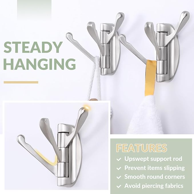 APLusee Swivel Brushed Nickel Robe Hook 2 PCS, Metal Foldable Towel Holder with Triple Rotating Arms, Heavy Duty Bathroom Kitchen Coat Hanger Wall Mounted