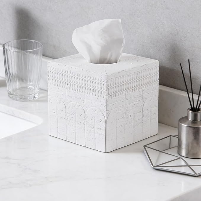 White Tissue Box Cover – Classic Carved Square Resin Tissue Box Holder – Heavy Duty Decorative Home & Bathroom Decor for Countertop, Tabletop, Night Stand, Office