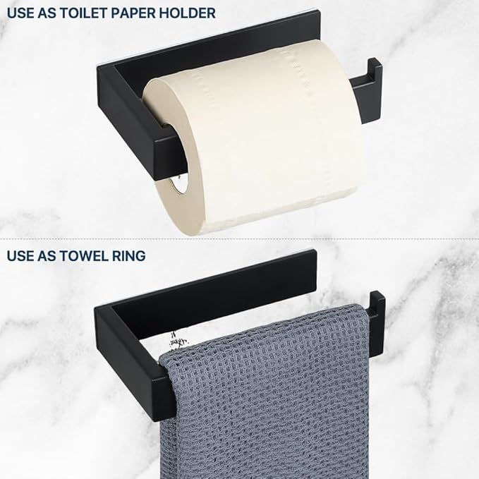 SAYAYO Self Adhesive Toilet Paper Holder Wall Mount, Modern Matte Black Stick on Toilet Paper Roll Holder for Bathroom Square, SUS304 Stainless Steel