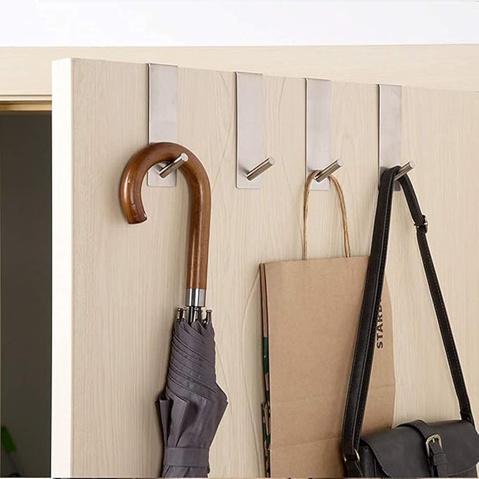 ARTOYS Over The Door Hooks (4 Pack) - Fits 1.75" Thick Doors - Heavy Duty 304 Stainless Steel - Holds 50Lbs per Hook - Silver - Single Door Hooks for Office, Bedroom
