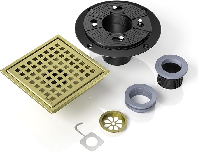 6 Inch Square Shower Drain, Shower Floor Drain with with Removable Square Hole Cover, 304 Stainless Steel Bathroom Drains with Flange (Brushed Bronze)