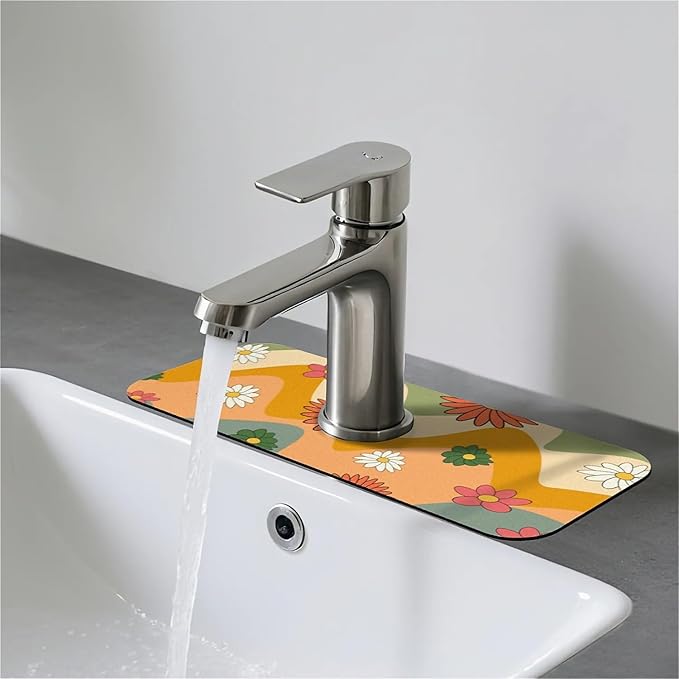 Faucet Draining Mat For Kitchen Sink, 70s Groovy Flowers Diatom Mud Absorbent Drain Pad For Bathroom Kitchen Sink Splash Guard Drying Mat