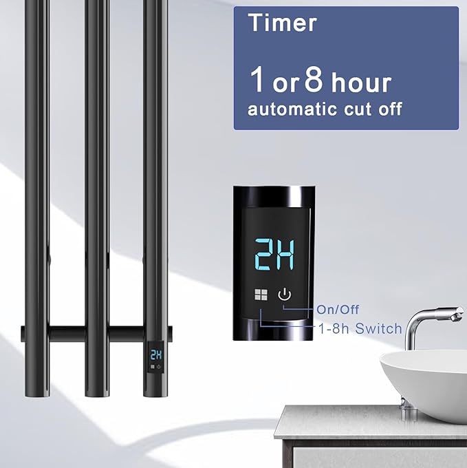 Electric Heated Towel Rack with Timer, Wall-Mounted Towel Warmer, 3 Vertical Bars, Silver, Plug-in or Hardwired, 37.4 Inch Height, Round Design (Black)