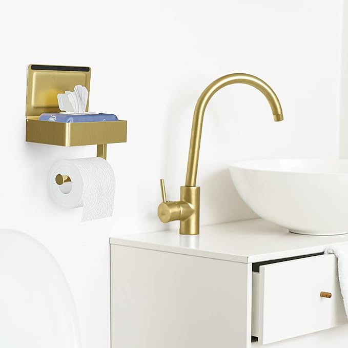 Brushed Gold Toilet Paper Holder Wall Mounted with Shelf & Wipes Storage – Stainless Steel SUS304 Modern Toilet Tissue Roll Holder for Bathroom, Kitchen – Adhesive and Screw Installation