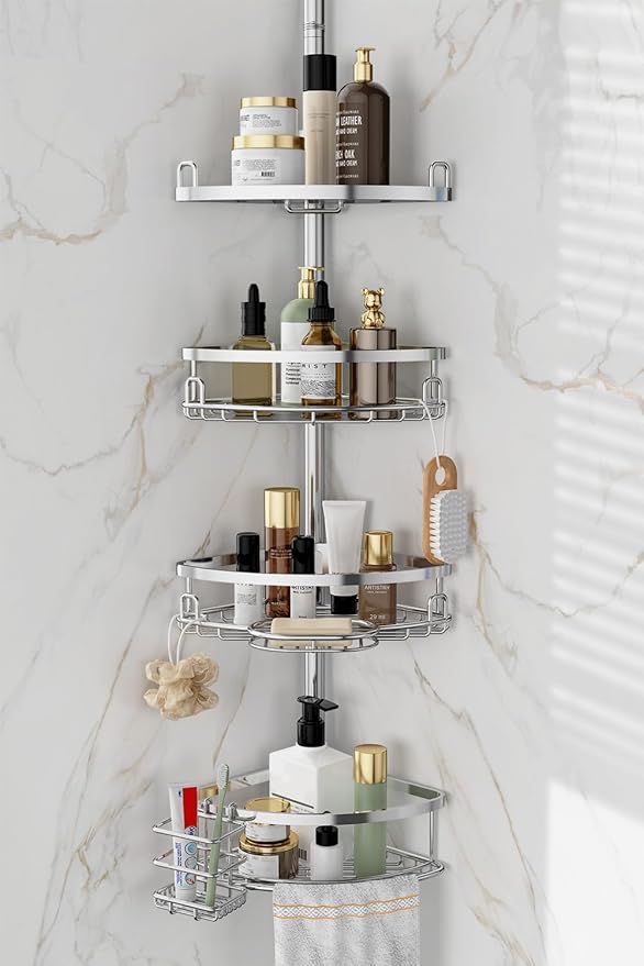 Corner Shower Caddy Tension Pole, 4 Tier Adjustable No Drill Rustproof Large Capacity Space-Saving Shower Shelves Organizer Storage Rack 45.29-119in for Bathroom Bathtub Family Renters, Chrome