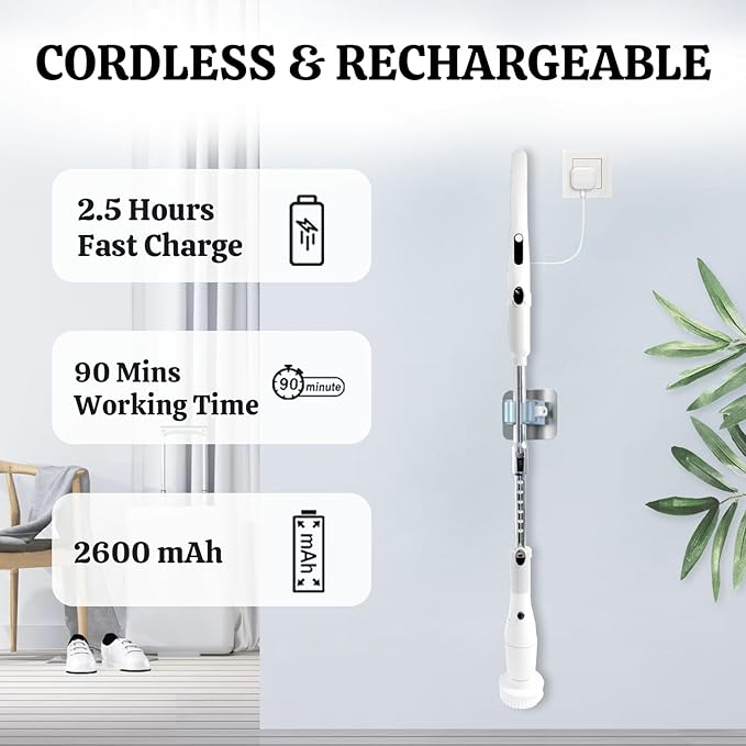 Electric Spin Scrubber with LCD Display,Shower Scrubber with Long Handle,Cordless Power Cleaning Brush with 8 Brush Heads, Electric Scrubber for Bathroom Kitchen Cleaning,IPX7 Waterproof
