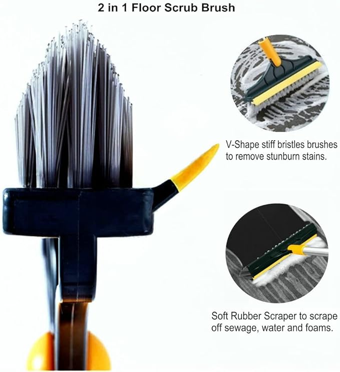 2 in 1 Cleaning Scrub Brush Grout Brush Scrape Floor Scrub Brush with Long Handle V-Shape Stiff Bristle Brush Scrubber with Squeegee 120°Rotating Magic Broom Brush for Cleaning Bathroom Glass Wall