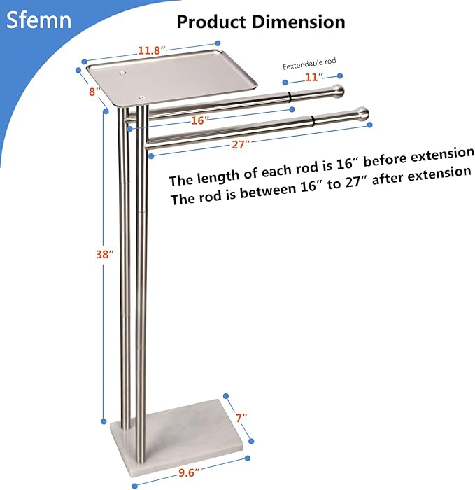 Standing Towel Rack with Weighted Marble Base, Towel Rack Stand with Shelf, 2-Tier Towel Racks for Bathroom, Multiple Spaces Stainless Steel Brushed Finish