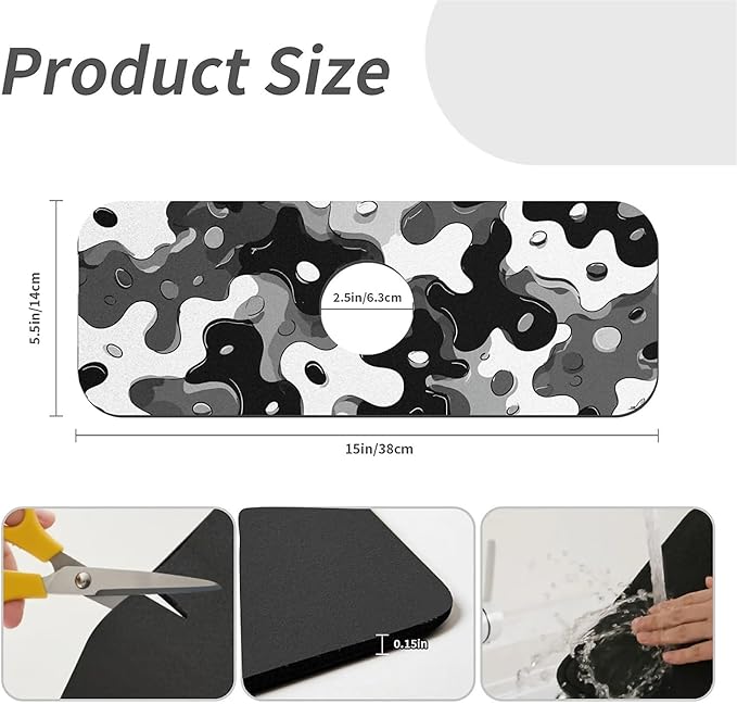 Kitchen Sink Splash Guard，Grey and white camouflage Faucet Mat Sink Gadgets-Super Absorbent Fast Drying Mat Drip Catcher for Kitchen, Bathroom,Sink Mat, Dish Drying Mat, Bathroom(15" X 5.5" )