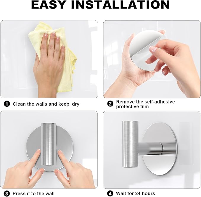 PMMASTO Adhesive Hooks, Matte Stainless Steel Sticky Hooks for Hanging, Self Adhesive Shower Wall Hooks, Towel Hooks Heavy Duty for Bathroom, Bedroom RV and Kitchen (Silver “T ”Shape 2PC-R)