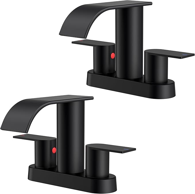 FORIOUS Matte Black Bathroom Faucets, Waterfall 4 Inch Centerset Bathroom Sink Faucet with Metal Pop up Drain and cUPC Hose for Basin, Vanity, RV, Pedestal 2 or 3 Hole Sink, 2 Pack