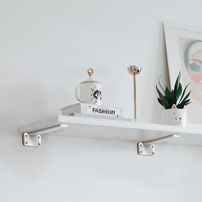 Floating Shelf Brackets upgraded, 6 inch, White Heavy Duty Iron Shelf Brackets, Industrial Modern Floating Shelf Support for Wall Mount Shelves,Wide Brackets ,4 Pack, Support DIY(5mm Thickening Type).