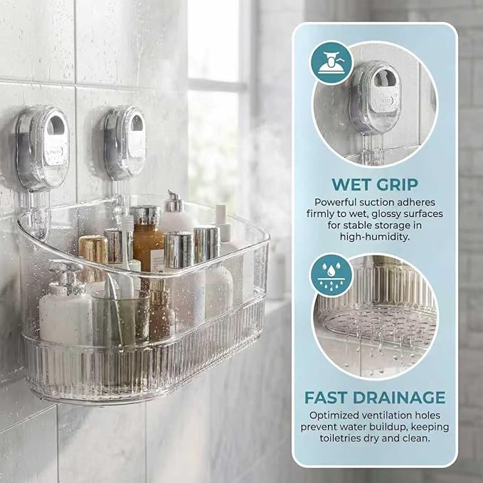 AVOKIHI No Drill Shower Shelf, Wall Mounted Suction Cup Caddy for Bathroom Storage, Waterproof Organizer Fits Shampoo Bottles (Transparent)
