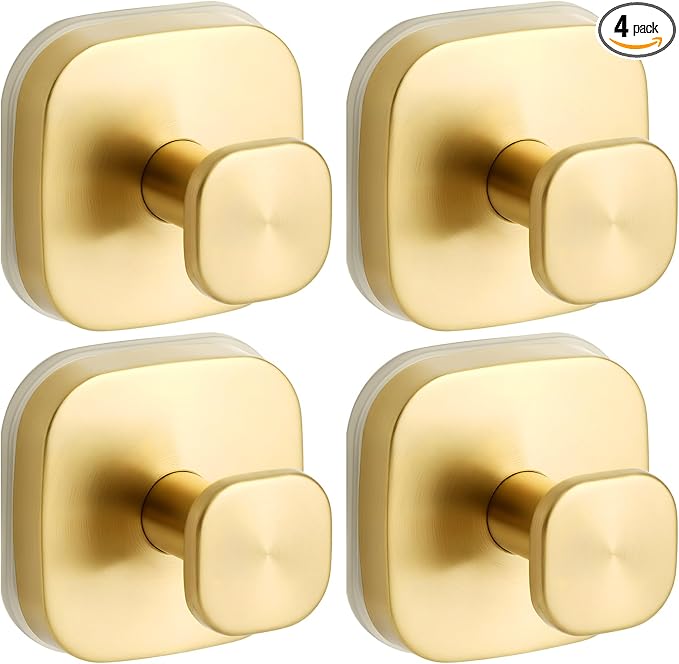 Suction Cup Hooks for Shower, No-Drill Towel Hooks for Bathrooms, Kitchen, Glass Door, Mirror, Tile, Shower Suction Hooks for Hanging Towels, Robe, Loofah, Christmas Wreath (Gold, 4 Pack)