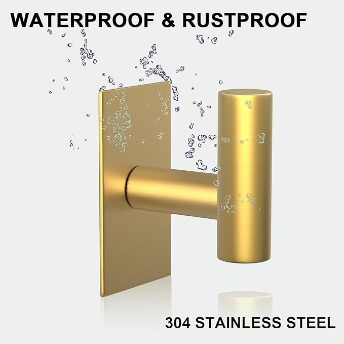 PMMASTO Adhesive Hooks, Matte Stainless Steel Sticky Hooks for Hanging, Self Adhesive Shower Wall Hooks, Towel Hooks Heavy Duty for Bathroom, Bedroom RV and Kitchen (Gold “T ”Shape 4PC-S)