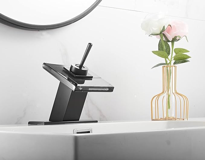 Black Bathroom Sink Faucet Glass Spout Waterfall Single Handle 1or 3 Hole Bath Sink Lavatory Faucet Vanity Basin Mixer Tap with Cover Plate Deck Mount Commercial