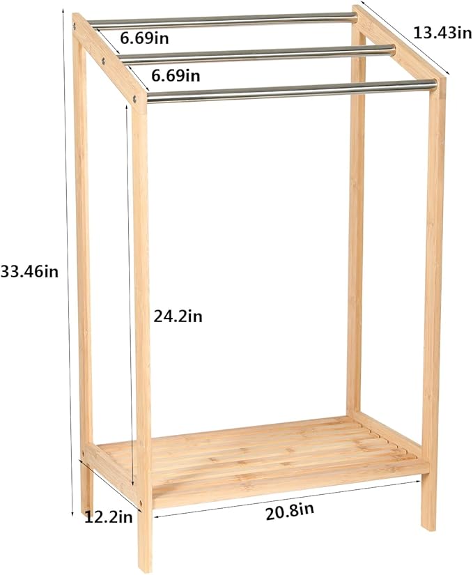 HYNAWIN Free-Standing Towel Rack,3 Tiers Bathroom Towel Drying Rack with Bottom Shelf,Wooden Blanket Holder, Bamboo Multi-Use Organizer for Towels, Blankets, and Slippers